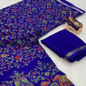 Royal Blue Floral Printed Tussar Silk Blend Saree Accentuated With Rich Zari Border Work