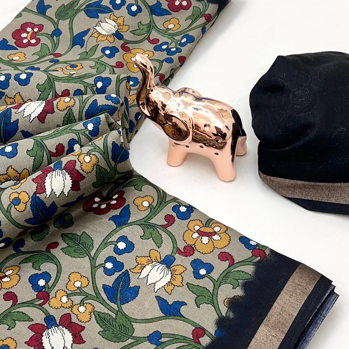 Beige Floral Printed Tussar Silk Blend Saree Enhanced With Intricate Zari Border Work