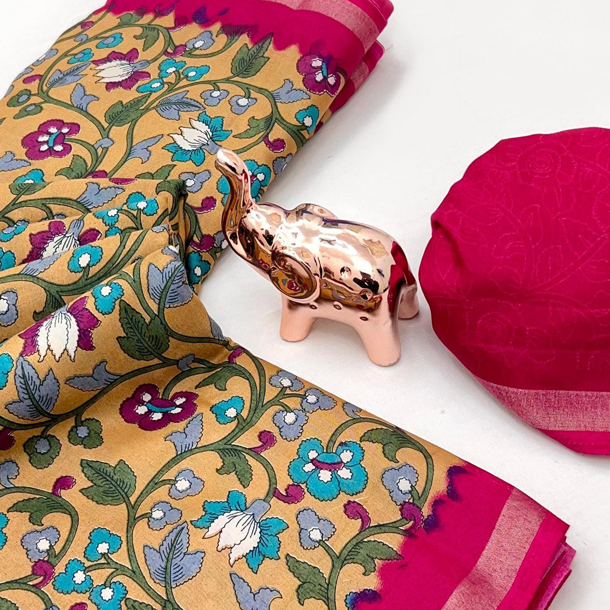 Mustard Floral Printed Tussar Silk Blend Saree Enhanced With Intricate Zari Border Work