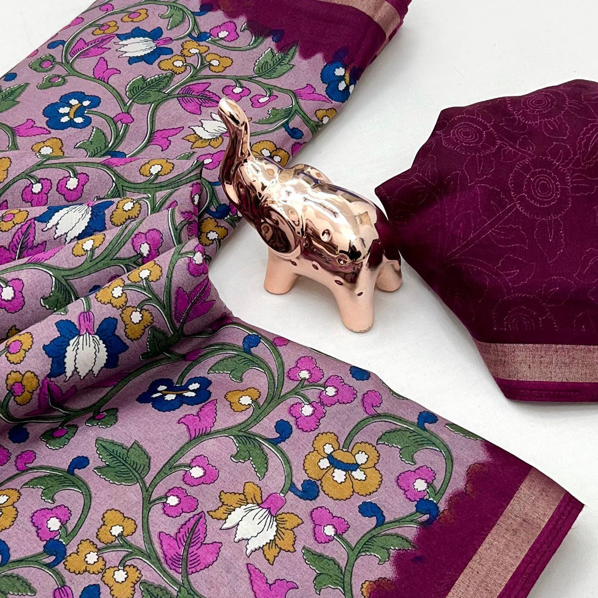 Pink Floral Printed Tussar Silk Blend Saree Enhanced With Intricate Zari Border Work