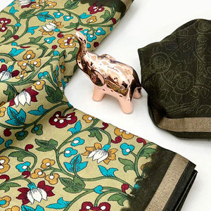 Pista Green Floral Printed Tussar Silk Blend Saree Enhanced With Intricate Zari Border Work