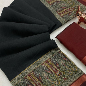 Black Solid Maheshwari Silk Blend Saree Adorned With Ajrakh Print & Two Tone Finish
