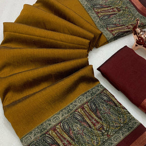 Mustard Solid Maheshwari Silk Blend Saree Adorned With Ajrakh Print & Two Tone Finish