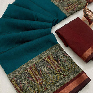 Teal Blue Solid Maheshwari Silk Blend Saree Adorned With Ajrakh Print & Two Tone Finish