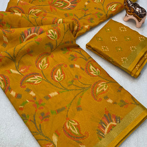 Mustard Maheshwari Silk Blend Saree Adorned With Elegant Floral Print & Two Tone Finish