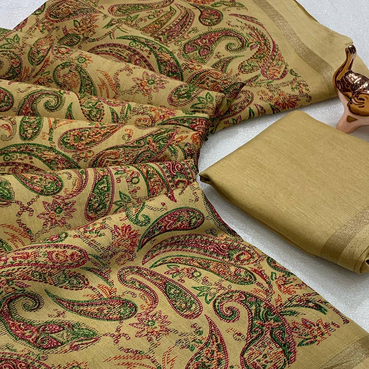 Beige Cotton Blend Saree with Ethnic Kashmiri-Inspired Paisley Design