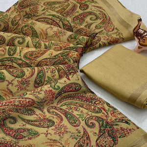 Beige Cotton Blend Saree with Ethnic Kashmiri-Inspired Paisley Design