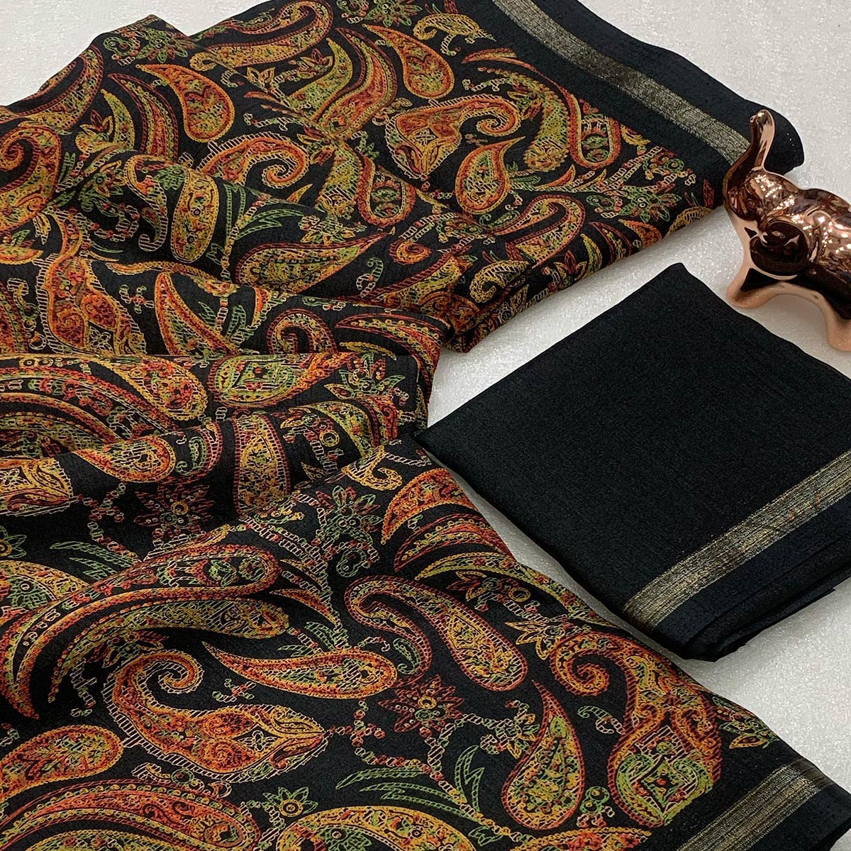 Black Cotton Blend Saree with Ethnic Kashmiri-Inspired Paisley Design