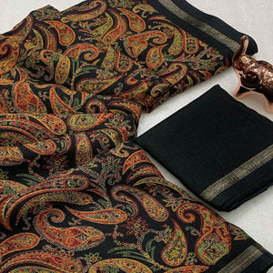 Black Cotton Blend Saree with Ethnic Kashmiri-Inspired Paisley Design