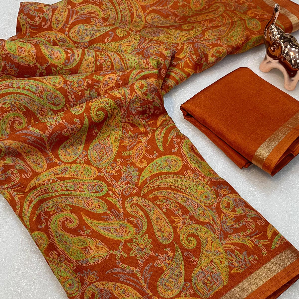 Brown Cotton Blend Saree with Ethnic Kashmiri-Inspired Paisley Design