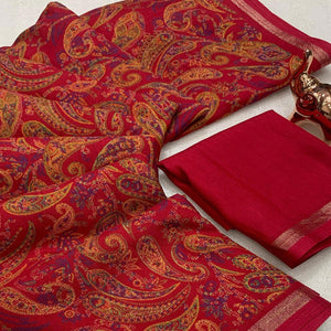 Crimson Red Cotton Blend Saree with Ethnic Kashmiri-Inspired Paisley Design