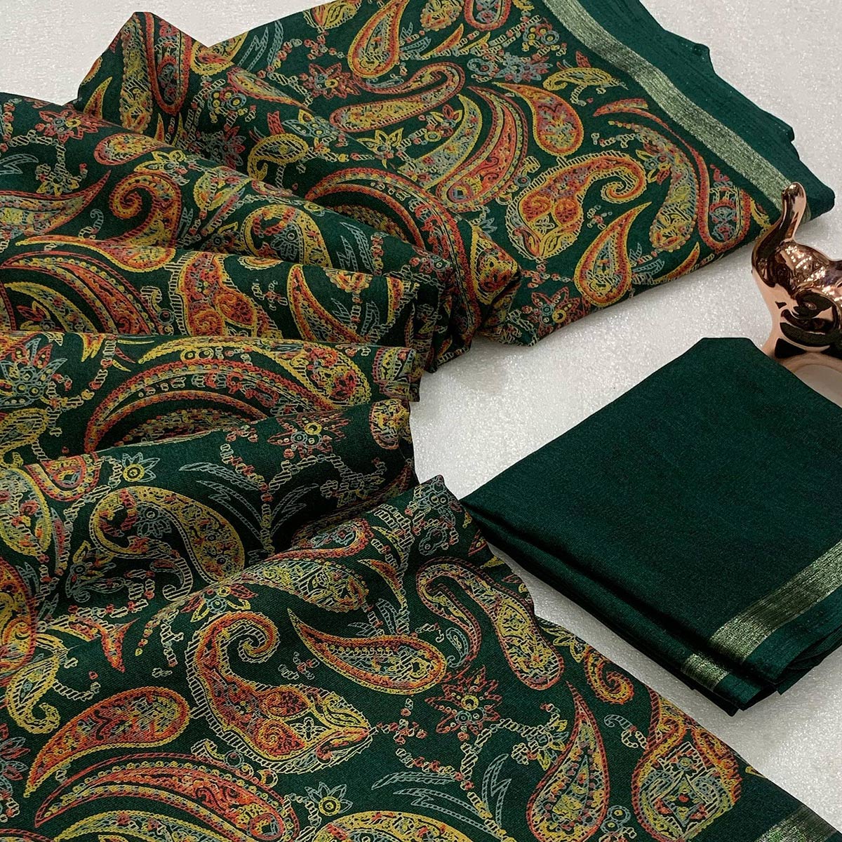 Green Cotton Blend Saree with Ethnic Kashmiri-Inspired Paisley Design