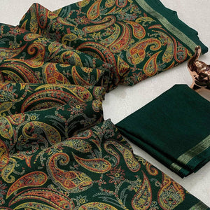 Green Cotton Blend Saree with Ethnic Kashmiri-Inspired Paisley Design