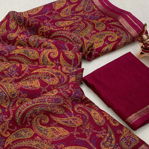 Magenta Cotton Blend Saree with Ethnic Kashmiri-Inspired Paisley Design