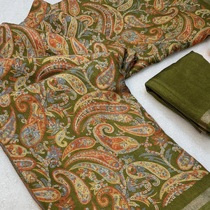 Mehendi Green Cotton Blend Saree with Ethnic Kashmiri-Inspired Paisley Design