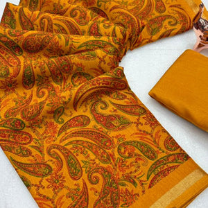 Mustard Cotton Blend Saree with Ethnic Kashmiri-Inspired Paisley Design