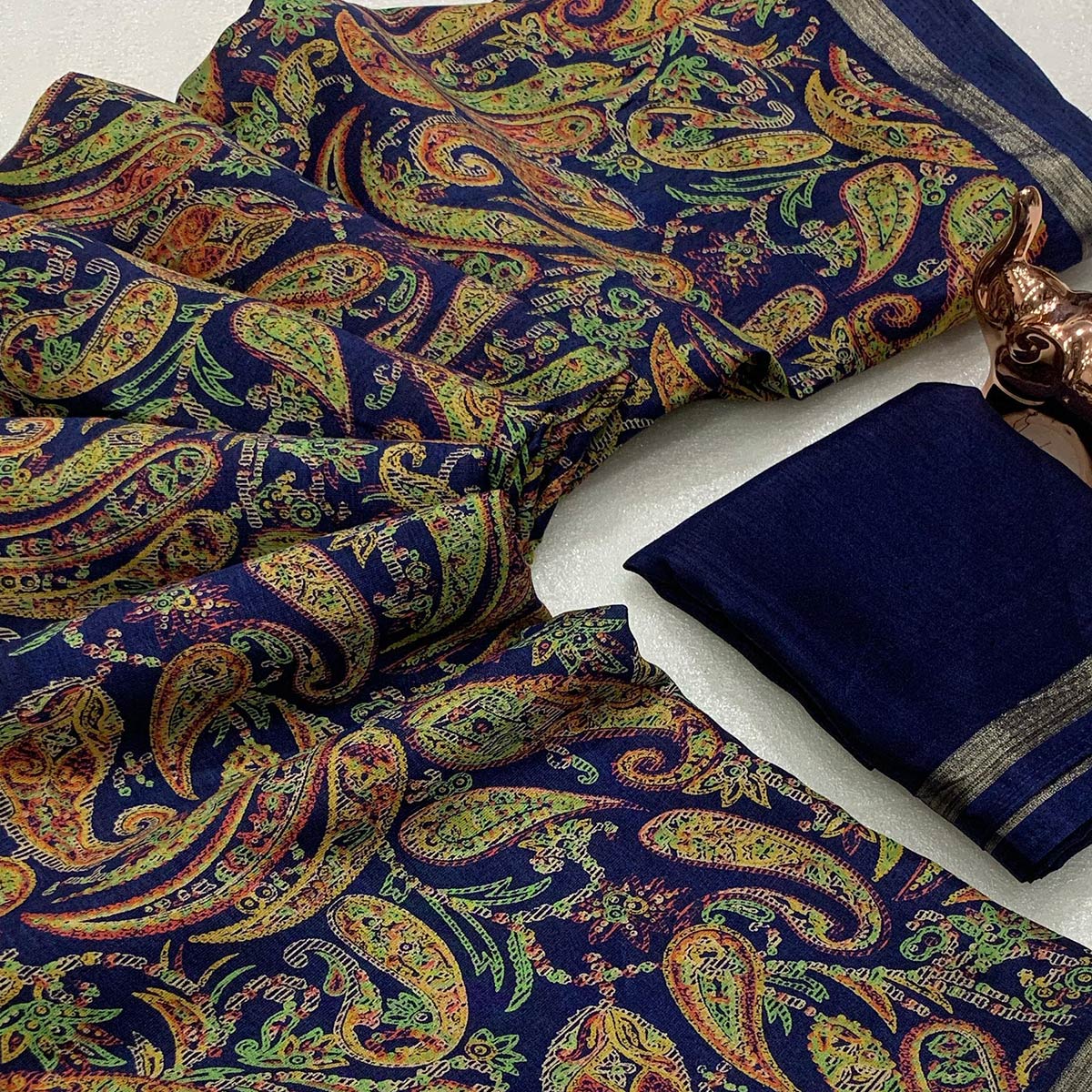 Navy Blue Cotton Blend Saree with Ethnic Kashmiri-Inspired Paisley Design