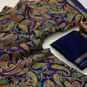 Navy Blue Cotton Blend Saree with Ethnic Kashmiri-Inspired Paisley Design