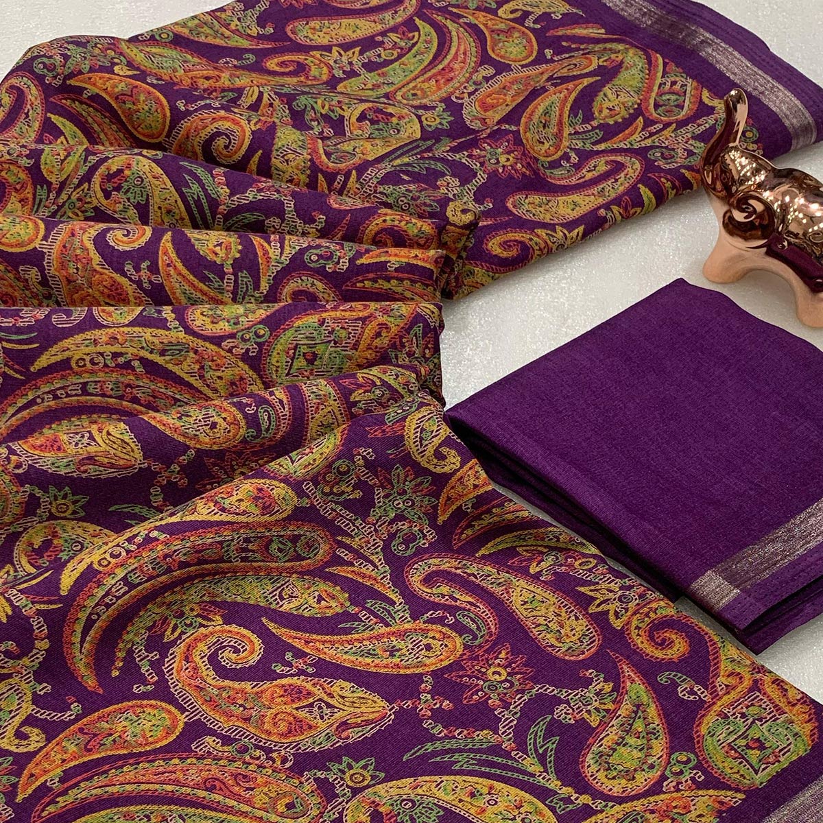 Plum Purple Cotton Blend Saree with Ethnic Kashmiri-Inspired Paisley Design