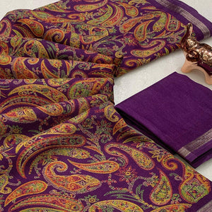 Plum Purple Cotton Blend Saree with Ethnic Kashmiri-Inspired Paisley Design