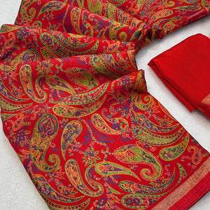 Red Cotton Blend Saree with Ethnic Kashmiri-Inspired Paisley Design