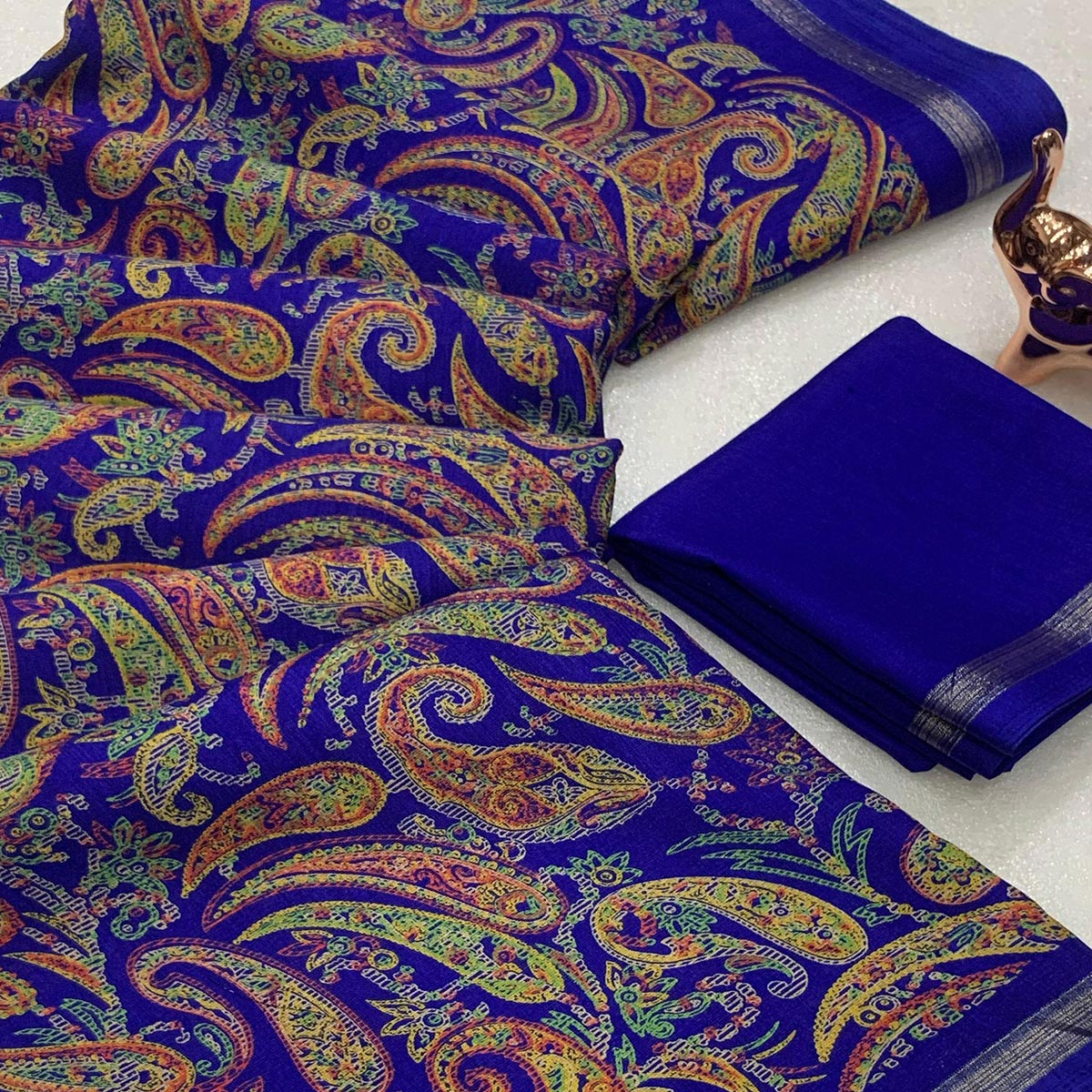 Royal Blue Cotton Blend Saree with Ethnic Kashmiri-Inspired Paisley Design