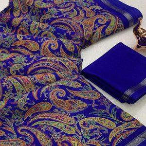 Royal Blue Cotton Blend Saree with Ethnic Kashmiri-Inspired Paisley Design