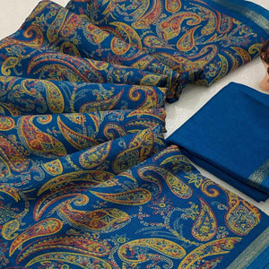 Teal Cotton Blend Saree with Ethnic Kashmiri-Inspired Paisley Design
