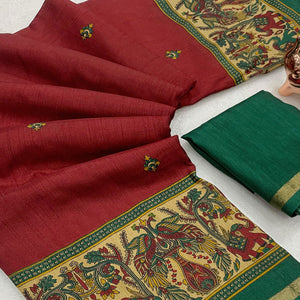 Maroon Cotton Blend Saree with Ethnic Kashmiri-Inspired Paisley Design