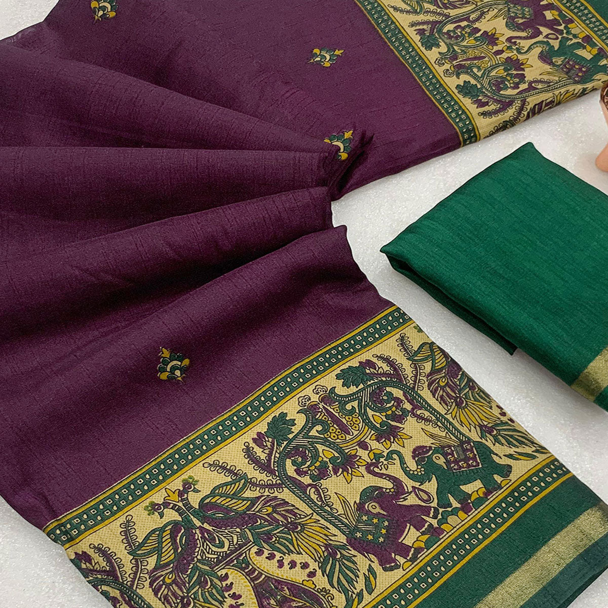 Plum Purple Cotton Blend Saree with Ethnic Kashmiri-Inspired Paisley Design
