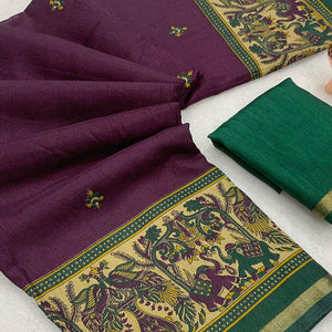 Plum Purple Cotton Blend Saree with Ethnic Kashmiri-Inspired Paisley Design