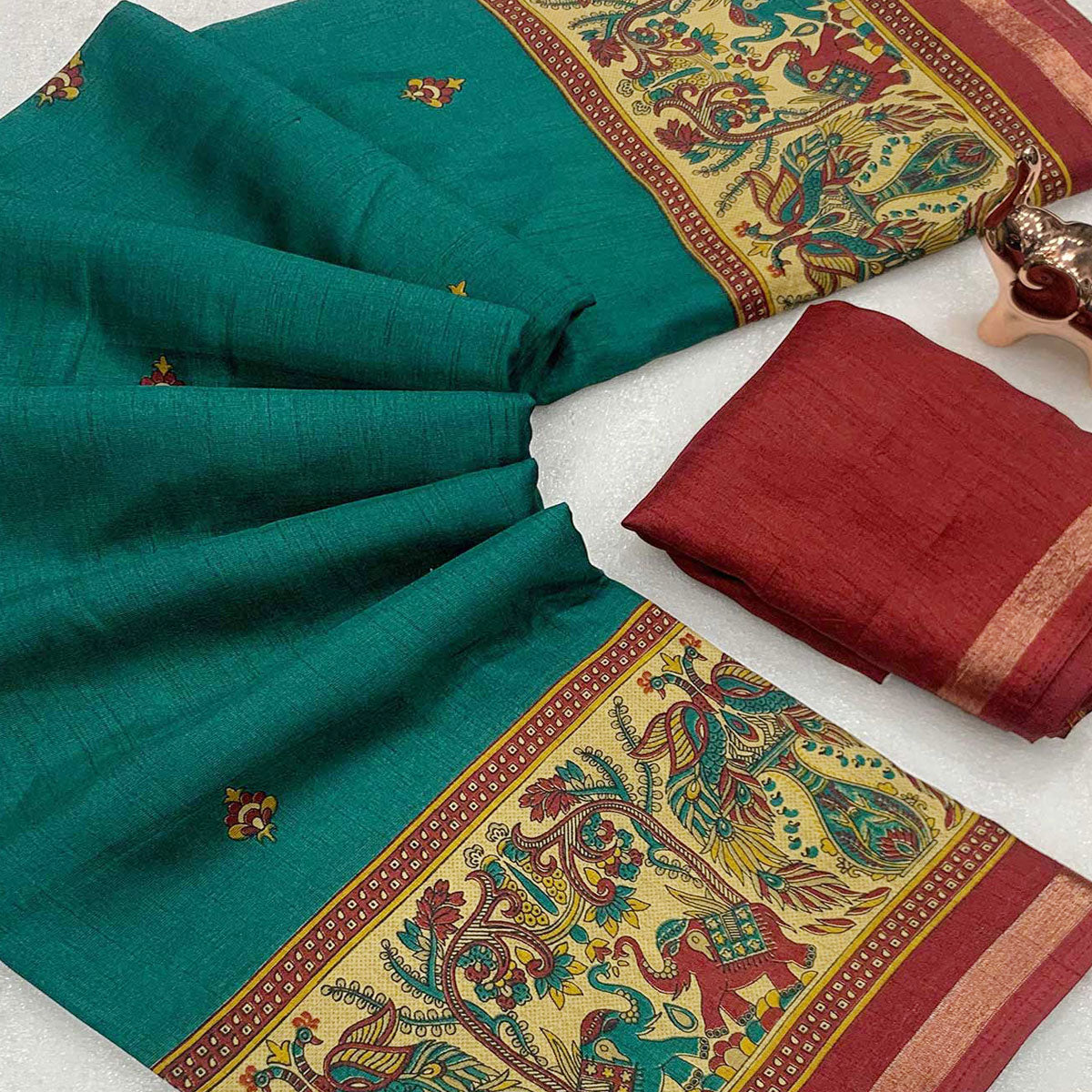 Teal Cotton Blend Saree with Ethnic Kashmiri-Inspired Paisley Design
