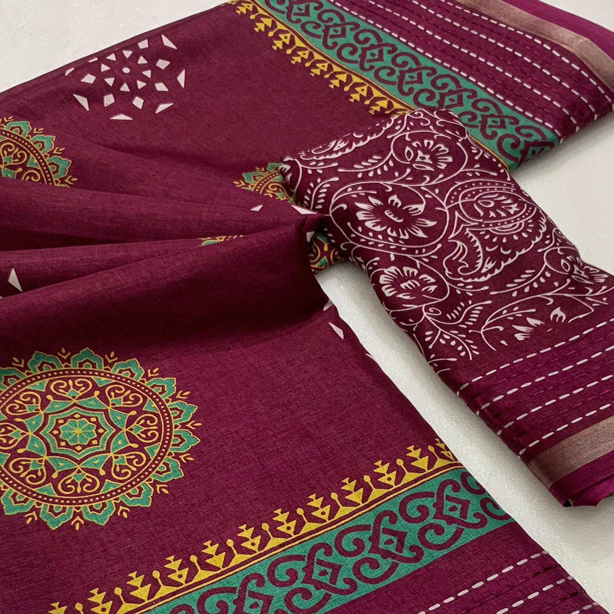 Burgundy Floral Printed Crepe Cotton Saree With Thread Border