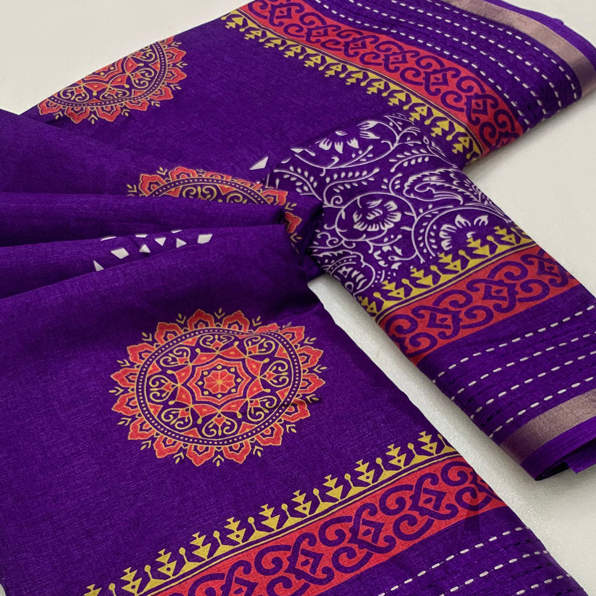 Purple Floral Printed Crepe Cotton Saree With Thread Border