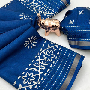 Blue Floral Printed Cotton Crepe Saree With Katha & Zari Border