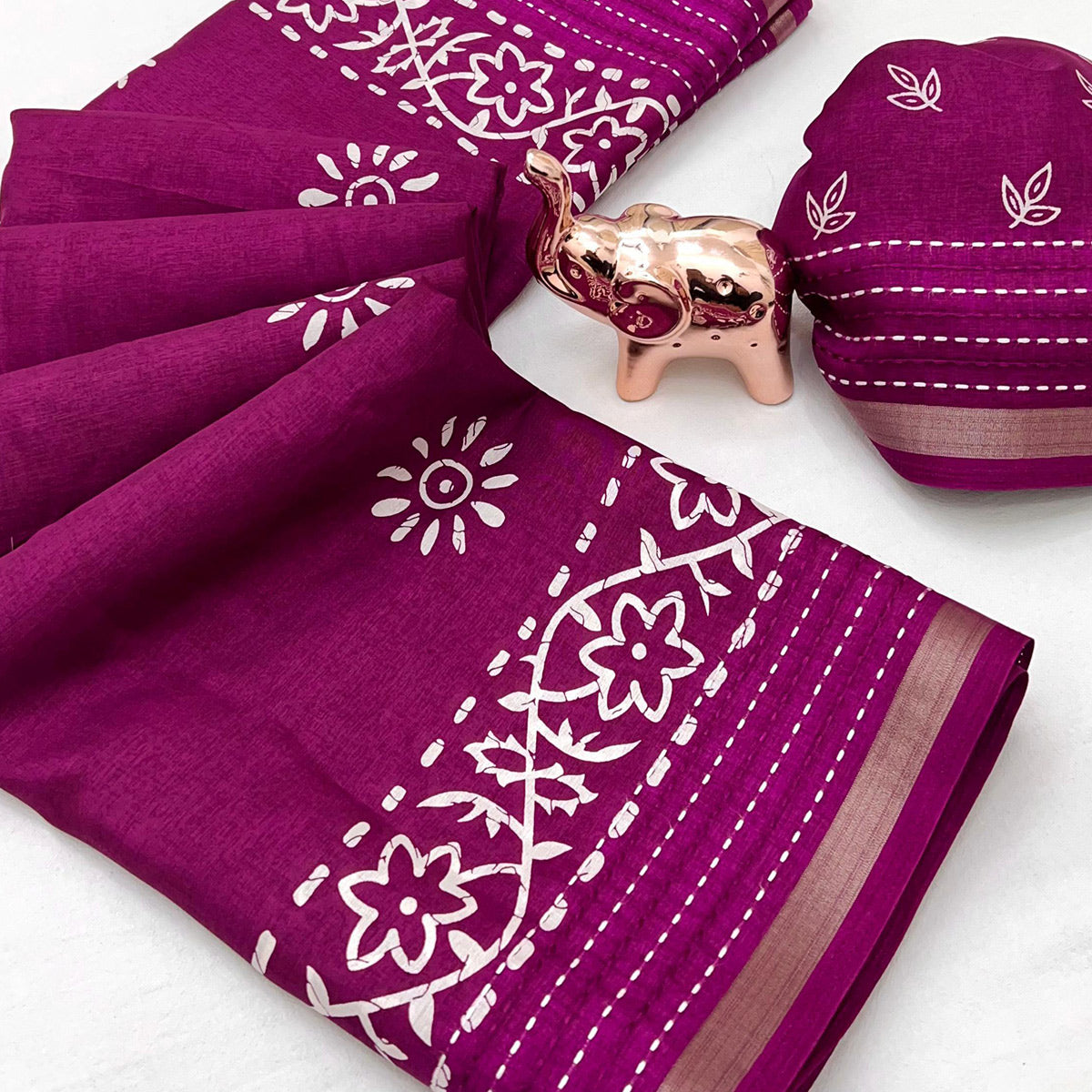 Dark Magenta Floral Printed Cotton Crepe Saree With Katha & Zari Border