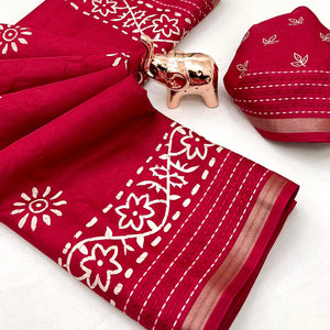 Red Floral Printed Cotton Crepe Saree With Katha & Zari Border