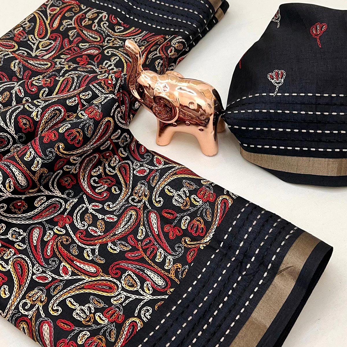 Black Floral Print Saree In Crepe Cotton Adorned With Kantha Embroidery