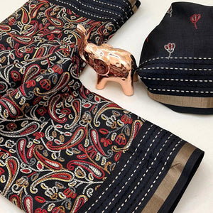 Black Floral Print Saree In Crepe Cotton Adorned With Kantha Embroidery