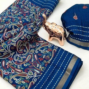 Blue Floral Print Saree In Crepe Cotton Adorned With Kantha Embroidery