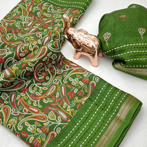 Green Floral Print Saree In Crepe Cotton Adorned With Kantha Embroidery