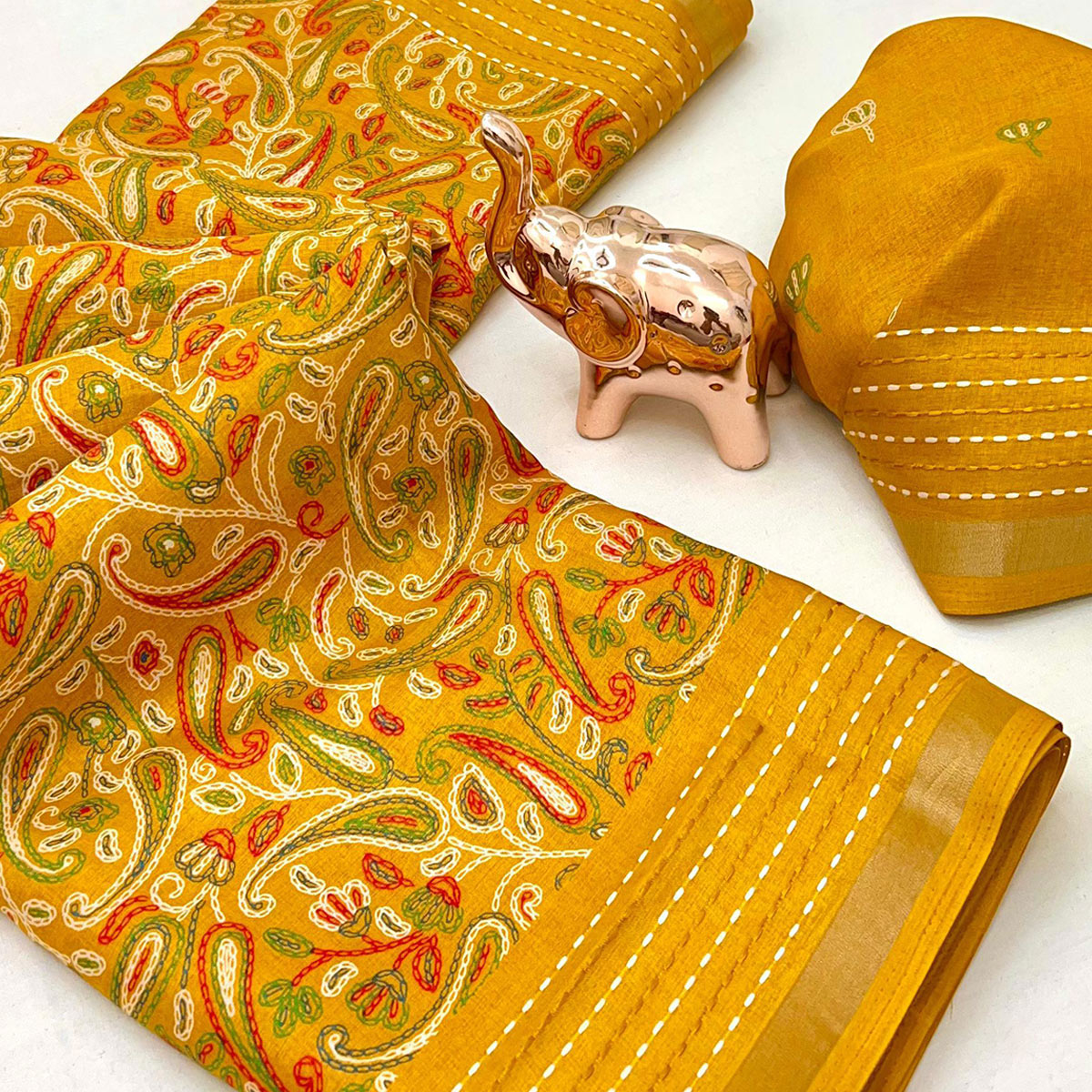 Mustard Floral Print Saree In Crepe Cotton Adorned With Kantha Embroidery