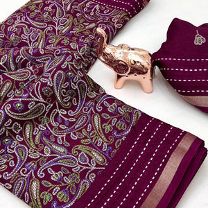 Wine Floral Print Saree In Crepe Cotton Adorned With Kantha Embroidery