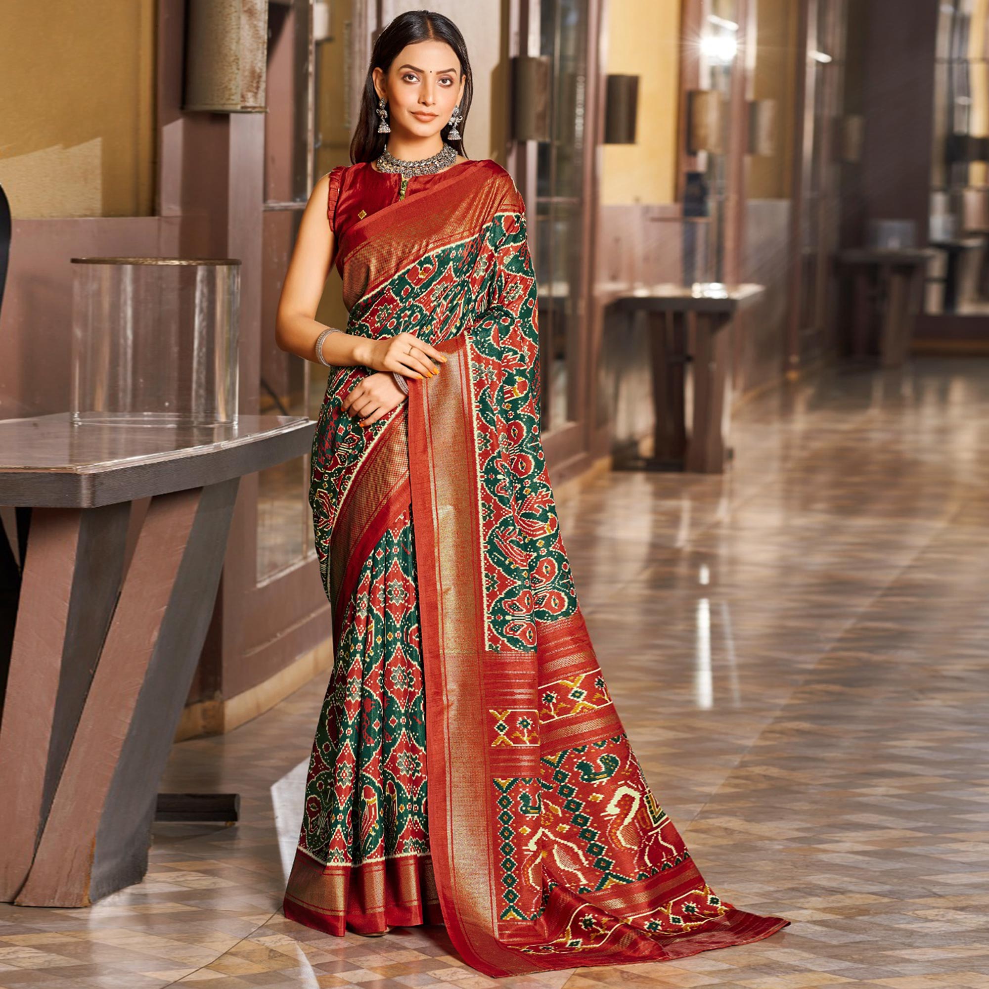 Green & Red Patola Printed Viscose Saree With Zari Border