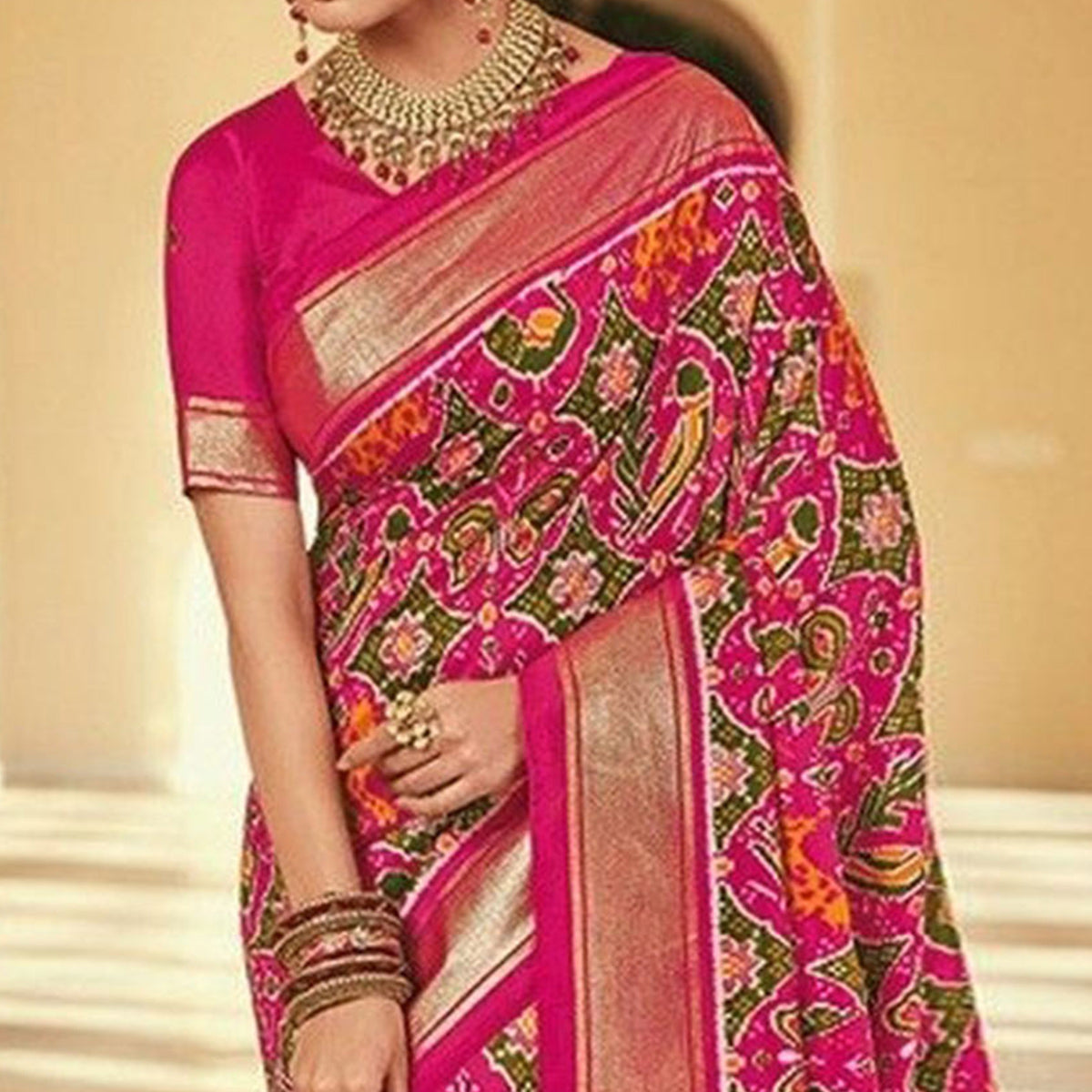 Pink & Green Patola Printed Viscose Saree With Zari Border