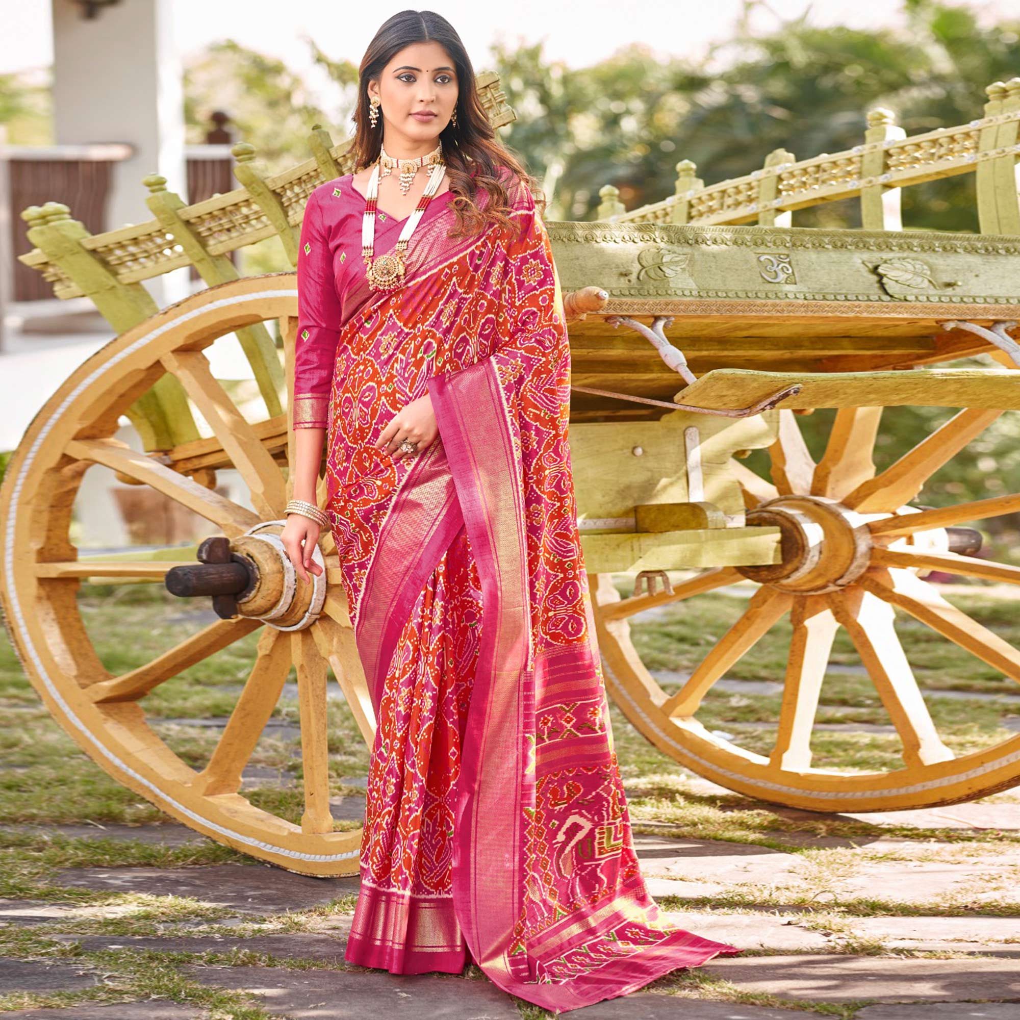 Pink & Orange Patola Printed Viscose Saree With Zari Border