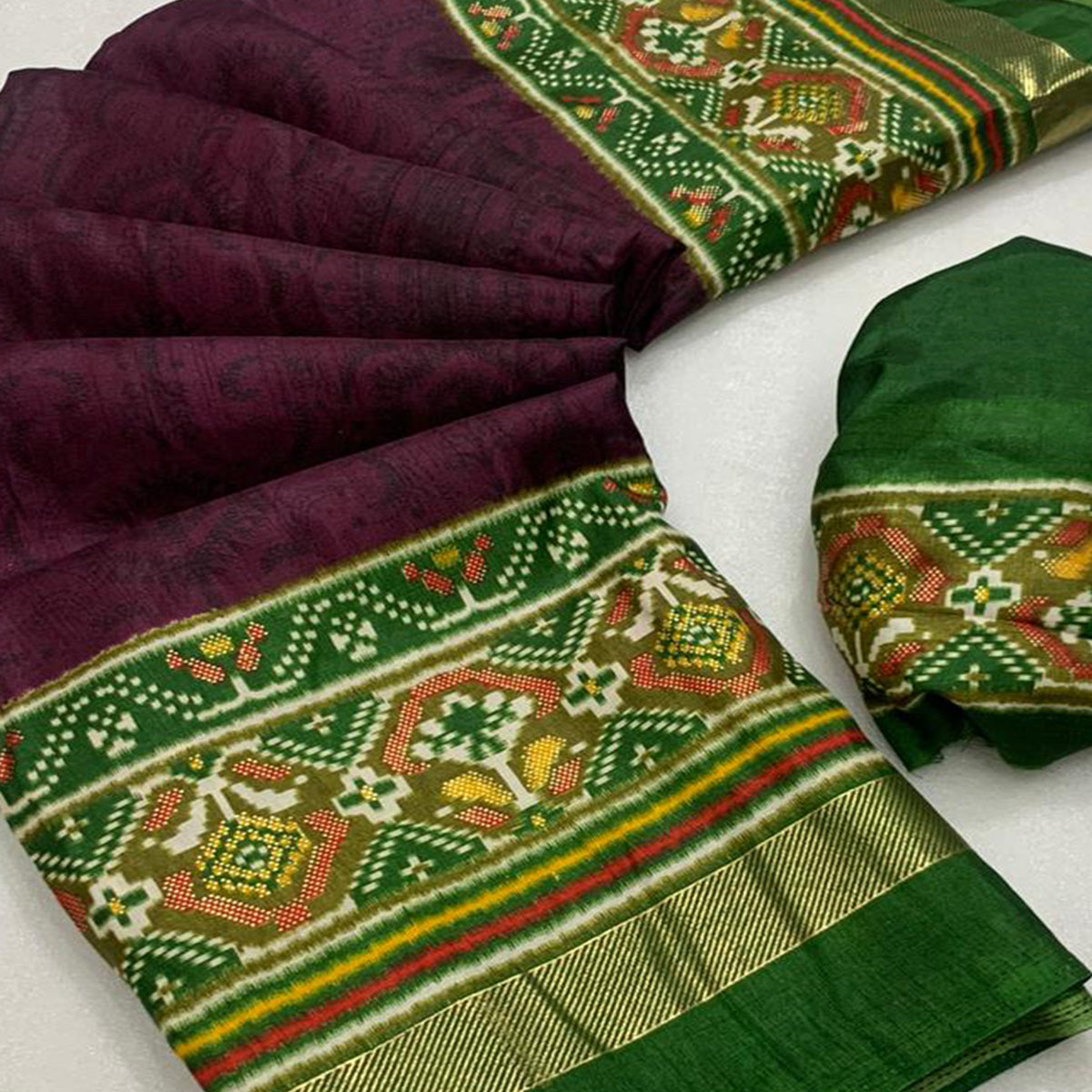 Purple & Green Ikkat Foil Printed Dola Silk Saree