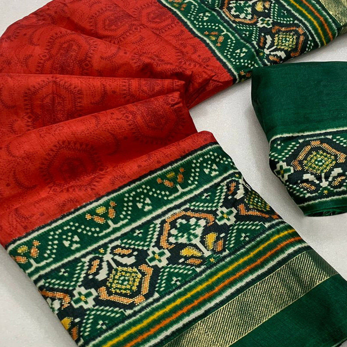 Red & Green Ikkat Foil Printed Dola Silk Saree