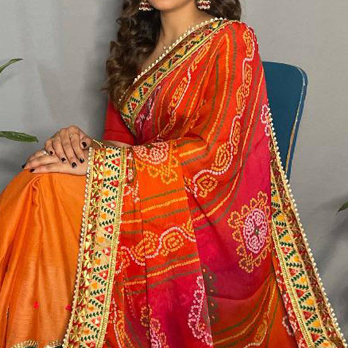 Orange & Pink Bandhani Printed Chiffon Half & Half Saree