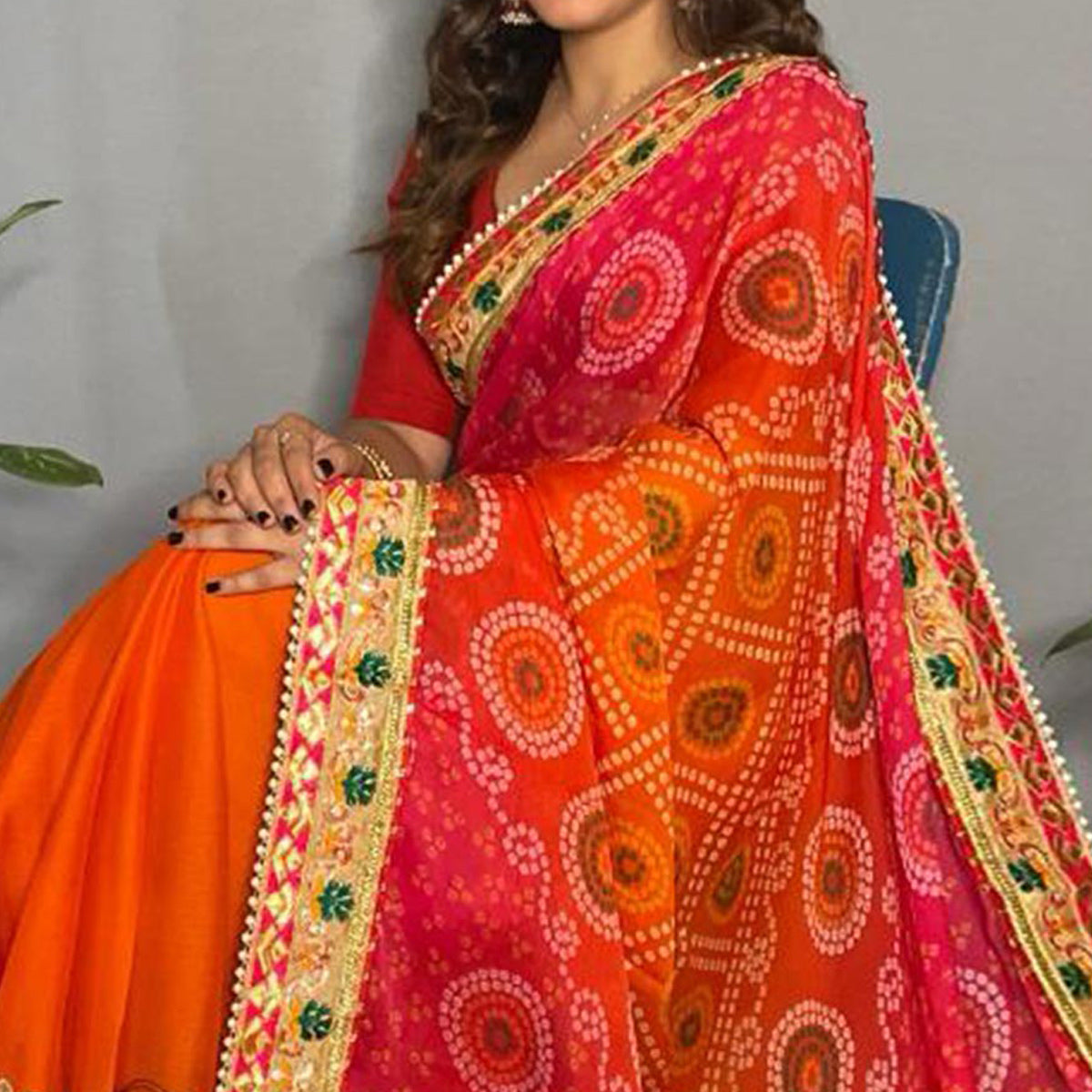 Orange & Rani Pink Bandhani Printed Chiffon Half & Half Saree
